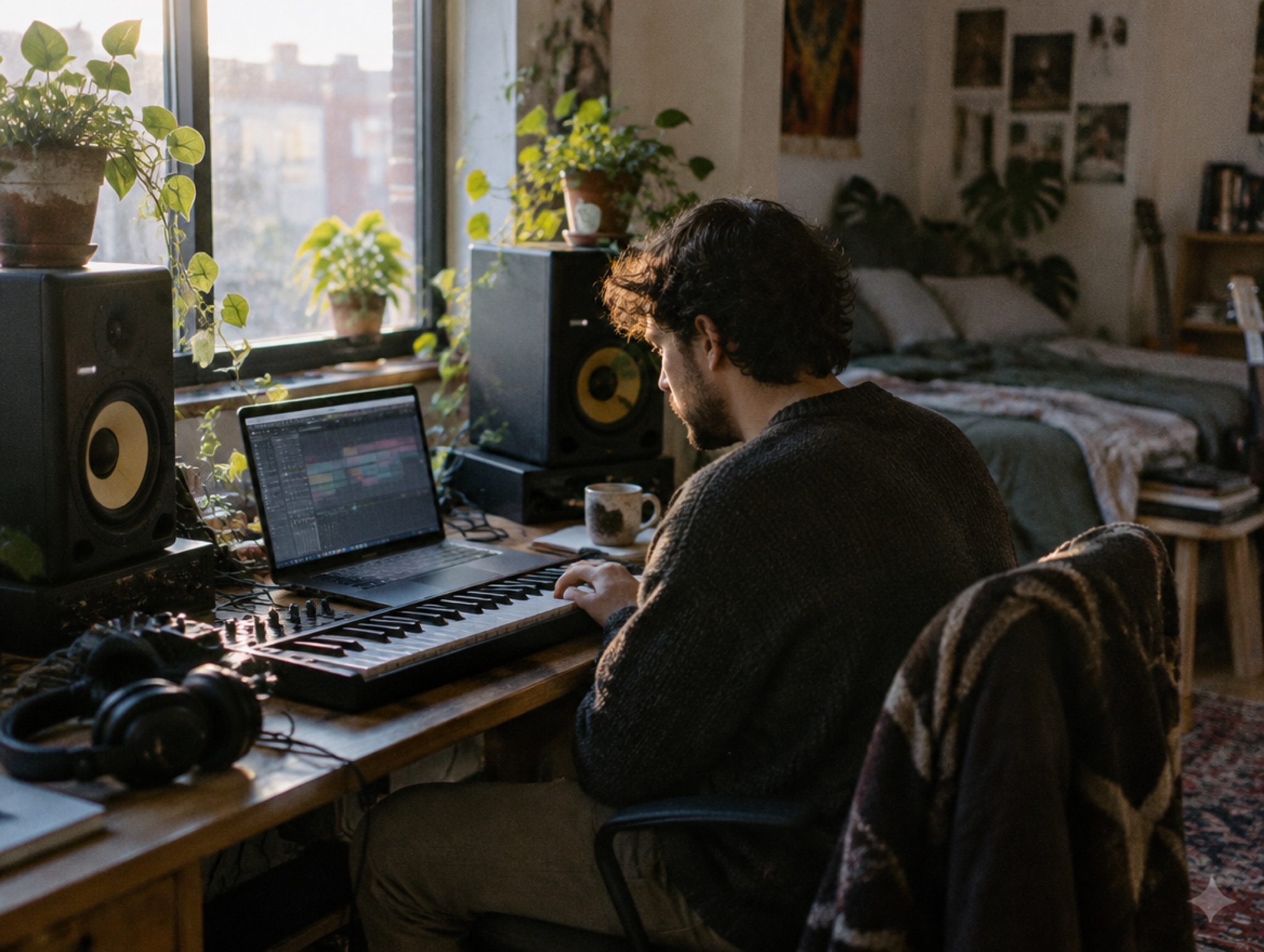 Producer working in a bedroom studio